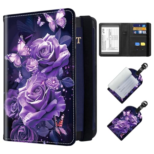 ETLKJVBL Exquisite Passport Holder for Travel Accessory, Leather Passport Cover with Space for Documents and Family Photos, Travel Passport Wallet for Women and Men Pattern Design(Purple Roses)