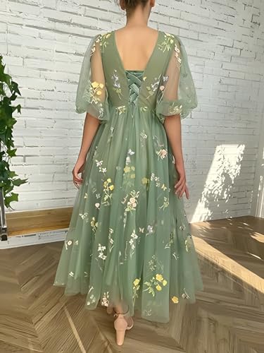 Image of Women's Puffy Sleeve Prom Dresses Fair Flower Embroidery Tulle Green Formal Evening Party Gowns