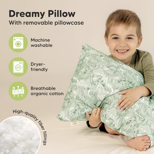 Image of KeaBabies Organic Toddler Pillow with Pillowcase, Jumbo 14X20 (DinoDood) | Soft Cotton Toddler Pillows for Sleeping, Machine Washable, Perfect for Travel, School, Daycare, Nap, Kids Toddler Bed Set