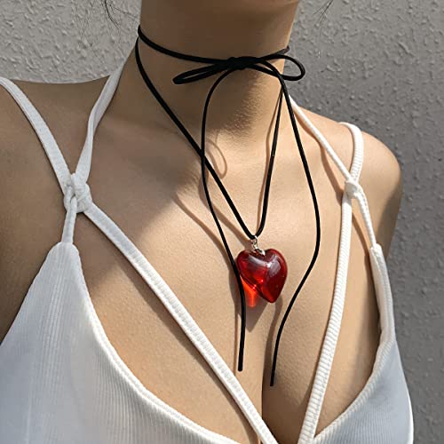 Chunky Puffy Heart Choker Necklace For Women Big Red Glass Heart Pendant Necklace With Elegant Braided Bow Adjustable Goth Black Velvet Chain Y2K Trendy Jewelry Gifts For Teen Girls (1.6 In. Glass Red Heart) #TOP3