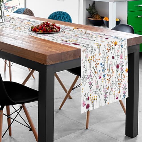 Watercolor Wild Flowers Table Runner, Seasonal Summer Holiday Kitchen Dining Table Decoration for Home Party Decor 13 x 90 Inch - Thumbnail 3