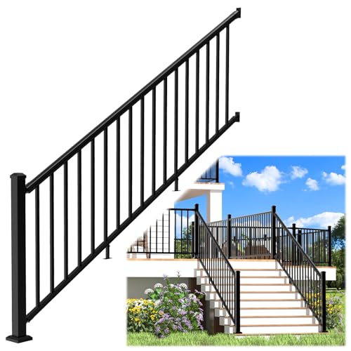 Image of Egadis 36 in. H x 8 ft. W Porch and Deck Railing Kit, Aluminum Stair Railing Kit, Black Textured AAMA 2604 Powder-Coat Finish Modular Rail System for Concrete Steps or Wooden Stairs(1 Post, 1 Panel)
