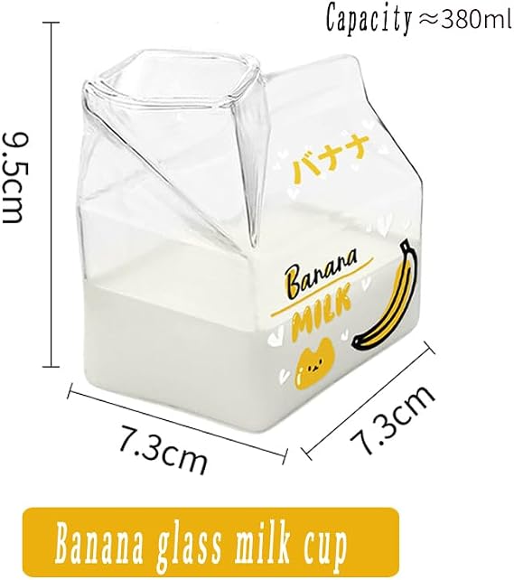Glass Milk Jug, Creative Breakfast Cups,Cute Clear Kawaii Milk Carton, Mini Milk Jug,Portable Students Transparent (Banana)
