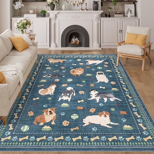 DUKINO 5x7 Dog Print Washable Rug, Non-Slip, Low Pile, Blue