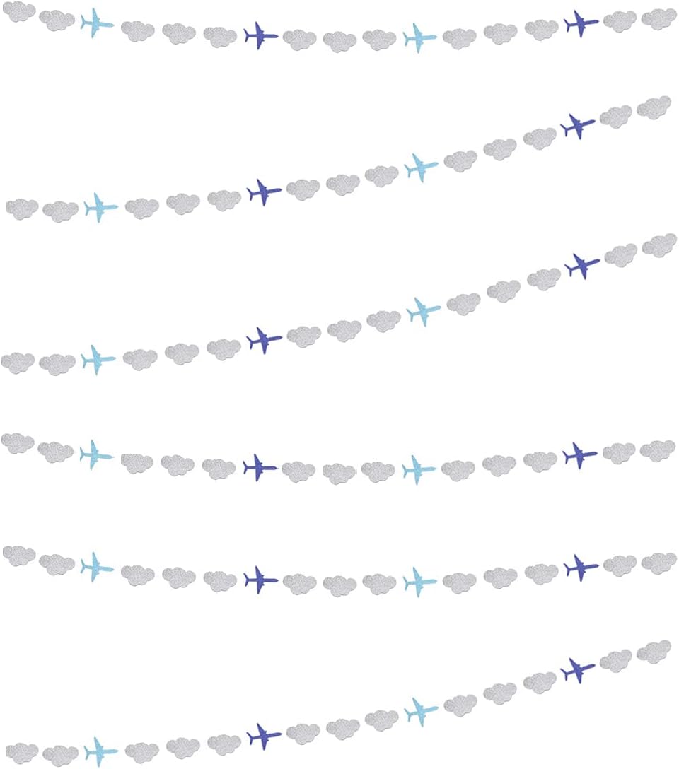 Lauthen.S Airplane Clouds Garland, 6pcs Glitter Plane Paper Garland Decorations for Birthday Backdrop Aviation Airplane Themed Baby Shower Party Supplies Classroom Home Decor