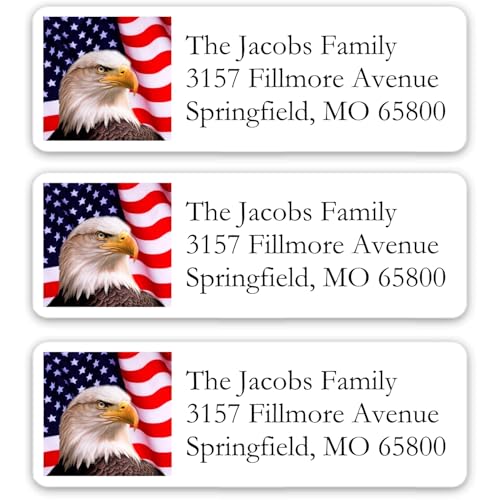 Return Address Labels American USA Flag & Eagle - Custom Mailing Return Address Labels/Stickers for Envelopes, Easy Peel and Stick, Permanent Rectangle Labels (White) Made in The USA (Set of 60)