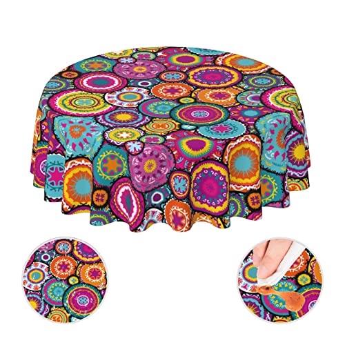 Yetta Yang Moroccan Colorful Circles Flower Waterproof Picnic Patio Party Round Table Cloth Cover Decorations Fabric 60 Inch Circular Tablecloth For 20-47 Inch Home Dining Room Kitchen Decor #TOP2