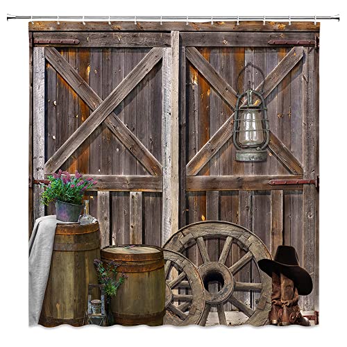 Scheunentür Duschvorhang rustikal Western Garage Tür Kerosin Lampe Rad braun Holz Kabine Retro American Country Style Bad Decor Polyester mit Haken Cover