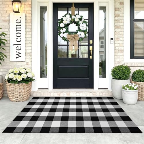 KOZYFLY Buffalo Plaid Rug 3' x 5' Buffalo Check Rug Cotton Black and White Washable Checkered Outdoor Rug Carpet for Farmhouse Living Room/Dining Room/Bedroom