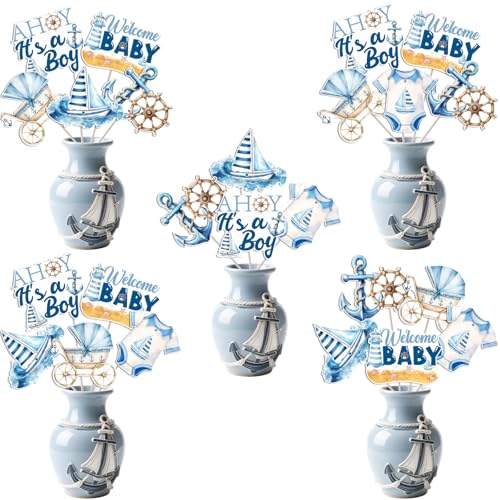 Kreatwow Nautical Baby Shower Decorations 24Pcs Ahoy It's A Boy Baby Shower Centerpiece Sticks Ahoy Nautical Table Decoration Ocean Navy Theme Decor Navigation Sailor Boat Anchor Table Topper for Boy