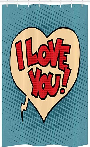 ABAKUHAUS Ich Liebe Dich Schmaler Duschvorhang, Pop Art Stil Comic, Badezimmer Deko Set aus Stoff mit Haken, 120 x 180 cm, Mehrfarbig Bunt