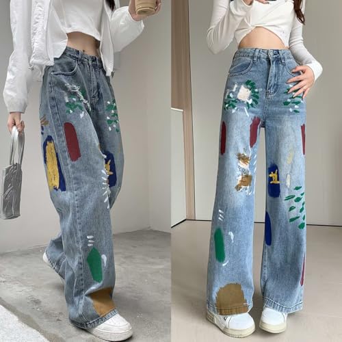 Fashion Womens Jeans Y2K High Waist Wide Leg Casual Loose Straight Cute Graffiti Ripped Denim Pants4