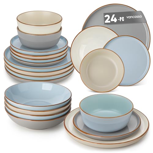 vancasso RENO Vajillas Completas 6 Personas, Vajilla 24 Piezas de Gres - 6 Platos Llanos, 6 Postre, 6 Fondos y 6 Cuencos - Esmalte Reactivo Azul/Gris/Beige, Lavavajillas/Microondas