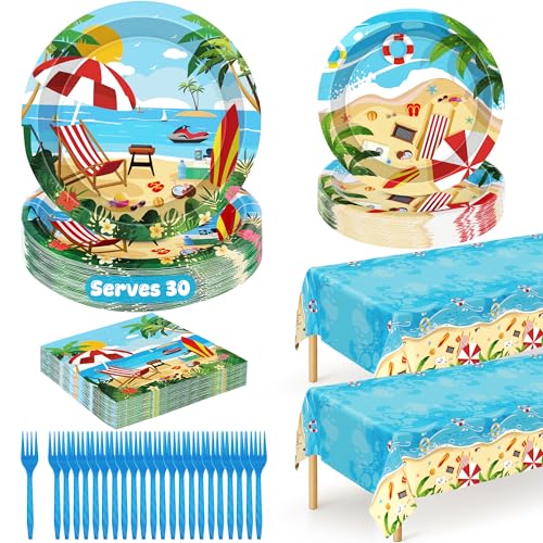QZYL 122PCS Summer Plates and Napkins Disposable 9 and 7 Beach Paper Plates Summer Party Decorations Seaside Plates Napkins Forks Tablecloths Serves 30 Birthday Picnic Beach Party Decorations