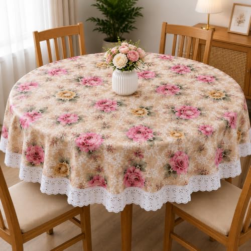 Image of Dakshya Industries PVC Waterproof 60 Inch Round 4 Seater Dining Table Cover Floral Design Table Cloth | Easy Wipe Clean
