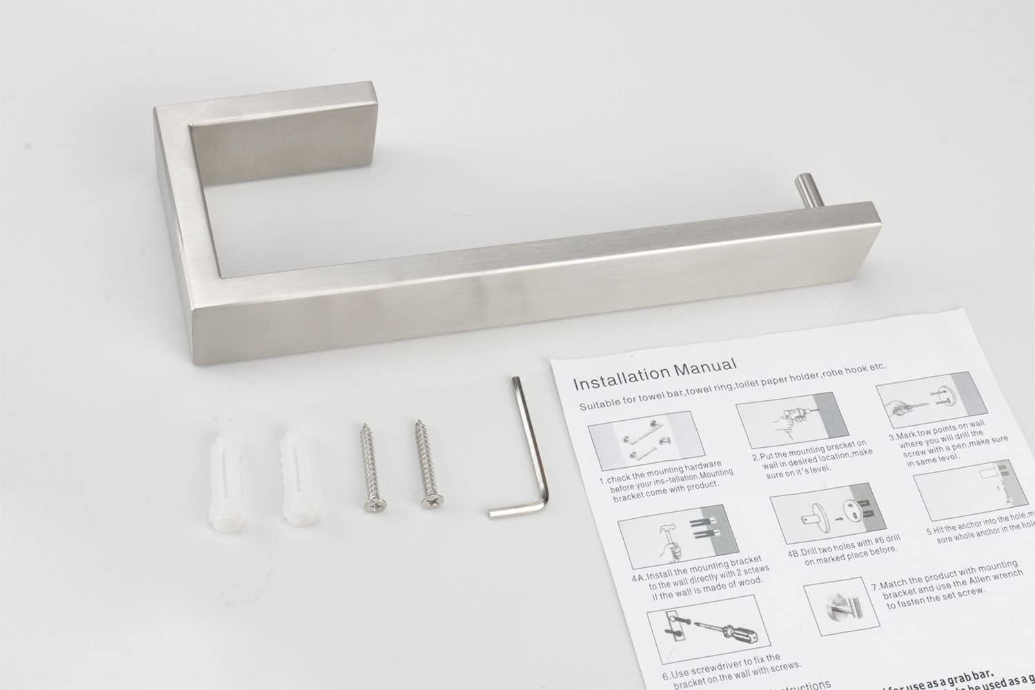TocTen Soporte para toallas de mano/anillo para toalla – Gancho grueso de acero inoxidable SUS304, toallero de pared resistente de 9 pulgadas, barra cuadrada para toallas de baño (cepillo, 2 unidades