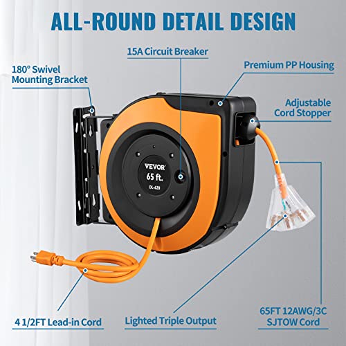 Vevor RETRACTABLE EXTENSION CORD REEL, 65 FT Heavy Duty 12Awg/3C Sjtow Power Cord thumb #7