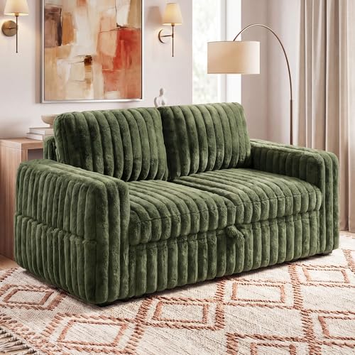Image of HONBAY Plush Corduroy Loveseat Sleeper Sofa,Modular Pull Out Sofa Bed,Couches for Living Room,Plush Green