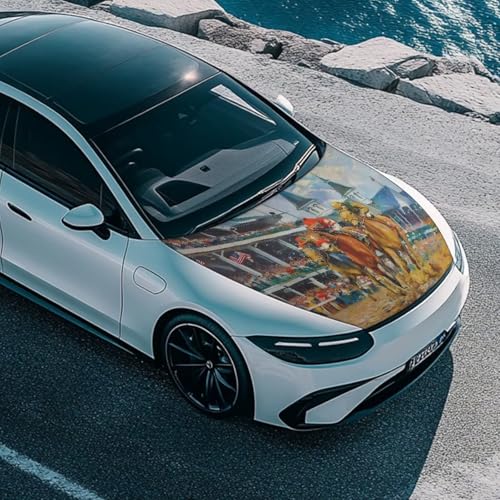 Image of Car Hood Cover, Protector Auto Hood Wraps Waterproof Stretchable Horse Racing Prints Auto Exterior Accessories for Compact Sedan SUV Truck Van (59x39 Inch)