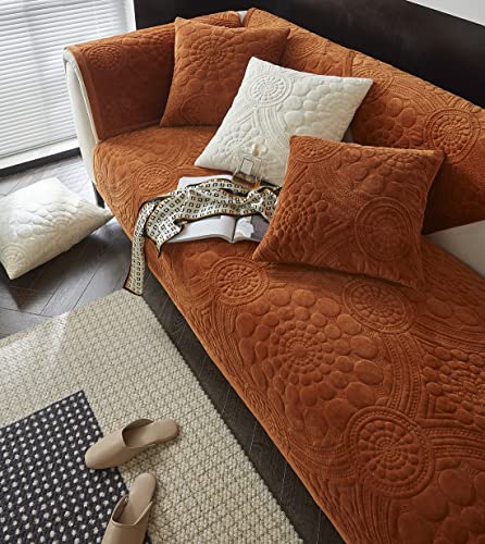 Vctops Bohemian Circle Embroidery Quilted Sofa Couch Covers Non-Slip Sectional Couch Cover Super Soft Plush Sofa Slipcover Furniture Protector For Pets Kids Children Dog Cat (Dark Orange,43"X94") #TOP12