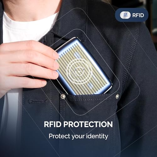 Image of OGON -DESIGNS- Aluminum card holder, RFID protection against fraud and demagnetization, compact wallet, Smart Case STOCKHOLM model (Aluminum Navy Blue, Extra-secure lock)