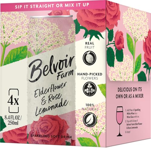 Belvoir Farm Elderflower & Rose Sparkling Lemonade | Delicious On Its Own Or As A Mixer | Product of UK | 4 Cans 8.4 fl oz (250mL)