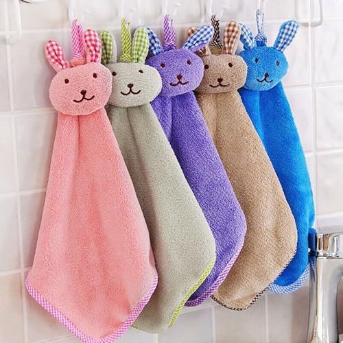 Image of ALOUD CREATIONS Microfiber 4Pc Cute Plush Animal Hand Towels with Hanging Loop |Rabbit Theme |Wash Basin|Sink |Soft Hand Towel for Bathroom & Kitchen |400 GSM |Assorted Colours