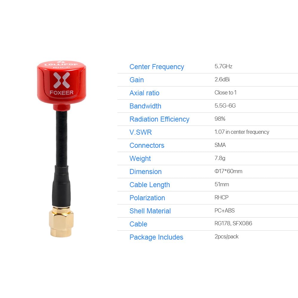 2 antenas FOXEER FPV Lollipop 4 versión actualizada 5.7GHz RHCP 2.5Dbi SMA para FPV Racing Drone Fatshark Goggles TX RX