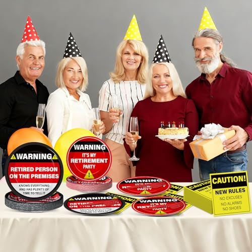 Image of Qyeahkj 100 Pcs Funny Happy Retirement Party Supplies Caution Retirement Paper Plates and Napkins Set Disposable Warning Sign Tableware Decorations for Men Women Farewell Going Away Party Serves 25