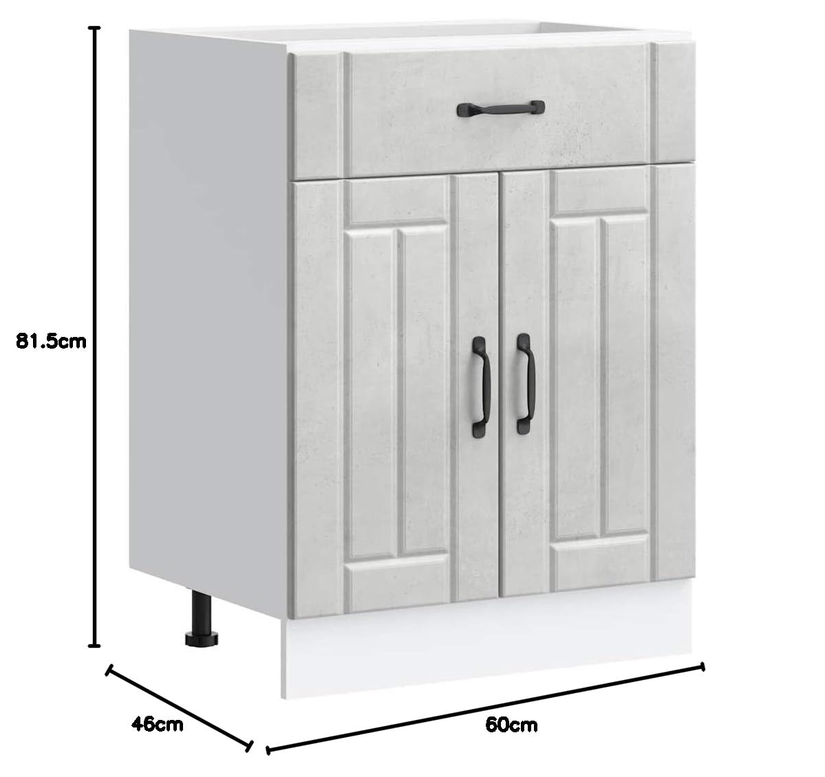 Armario inferior de cocina Lucca material de madera gris hormigón, 60 x 46 x 81,5 cm, con patas ajustables, mucho espacio de almacenamiento para cocina, duradero y fácil de limpiar