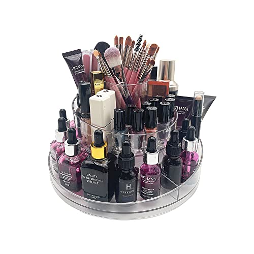 Linfidite Clear Acrylic Makeup Organizer Tray 360 Rotating Cosmetics Display Case 2 Tier Lazy Susan Turntable Makeup Brush Holder Eyeshadow Lipliner Storage Tray For Vanity Bathroom Counter Dresser #TOP6