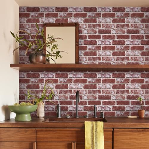 SMOOSTIKC 3D Faux Brick Wall Panels Peel and Stick, 10 Pcs 11.8" x 11.8", Small Brick-Look Textured Wall Sticker, Ultra-Light Thin PVC Fake Brcik Wall Covering Tiles for Quick DIY, Whitewash Red by SMOOSTIKC - Image 2