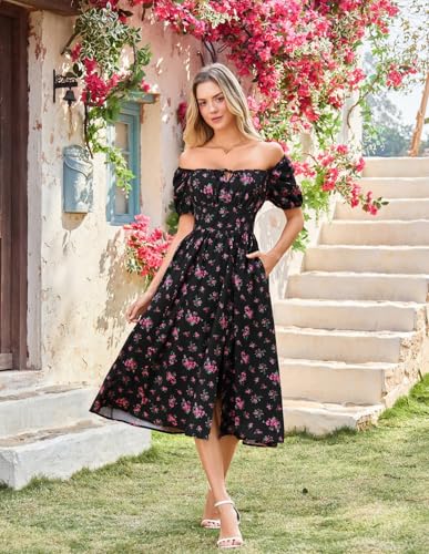 Image of Scarlet Darkness Women's Floral Corset Dress with Split 2026 Summer Spring Square Neck Midi Milkmaid Dresses