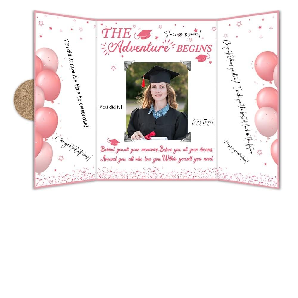2025 Pink Graduation Guest Book - Class Of 2025 Congrats Grad Signature Board With 6 Photo DIY Stickers - The Adventure Begins - High School College Graduation Celebration Party Decor & Keepsake - A01