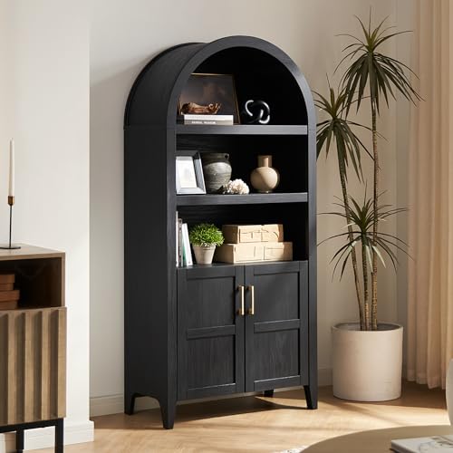 mopio Lauren 65.4' Short Arched Cabinet, the Original 5-Tier Bookcase with Doors and Shelves, Mini Arch Bookshelf with Storage, Wooden Storage Cabinet for Living Room and Kitchen Pantry (Black Accent)