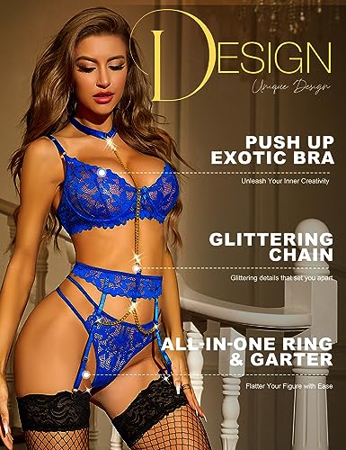 Image of RSLOVE Women's Lingerie Sets with Garter Belt 3 Piece Sexy Lace High Waist Bra and Panty Set Push Up Exotic Sleepwear