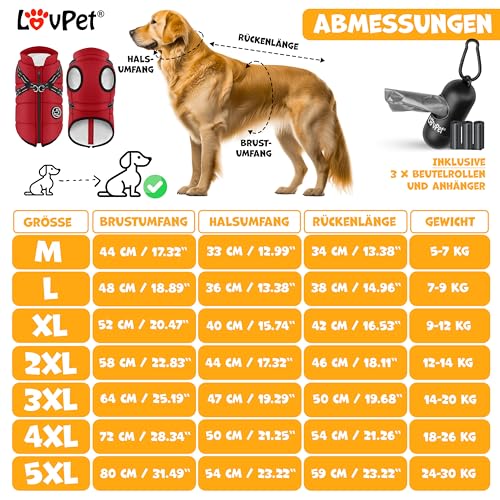 LOVPET® Hundejacke Hundemantel mit Geschirr, inkl. 45 Stück Kotbeutel + Spender, Hunde Winterweste gefüttert wasserdicht, Gepolsterte Weste Mit Brustgurt, Reflektoren, D-Ring L, Bordeaux Rot