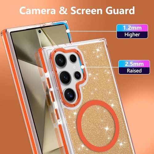 Image of Magnetic Case for Samsung Galaxy S24 Ultra [Compatible with Magsafe] [Bling Glitter Fluorescent Design] [1 Screen Protector] Slim Translucent Matte Case for Galaxy S24 Ultra 6.8 inch, Orange