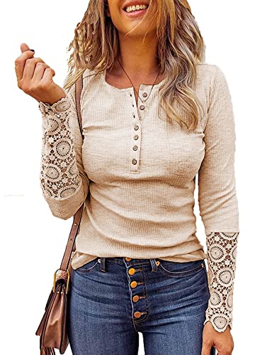 Image of Kancystore Women's Fall Long Sleeve Tops Lace V Neck Button Down Henley Shirts Tunic Blouses