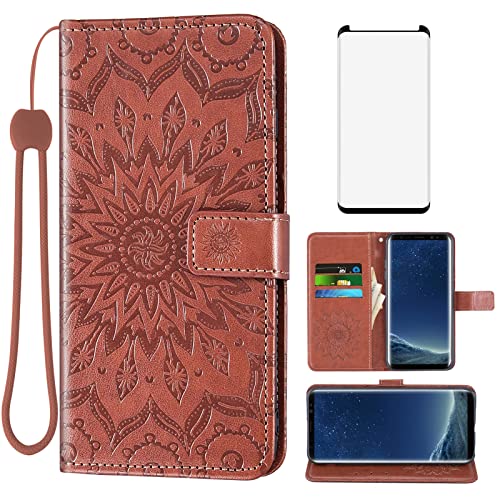 Protection Samsung Galaxy S8 intégrale anti-rayure avec étui portefeuille marron