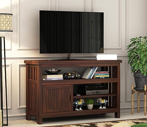 Image of Premium Solid Sheesham Wood TV Unit with 3 Shelves and 1-Door Storage for up to 45-inch TV - Elegant Living Room Furniture (Brewer, Walnut Finish)