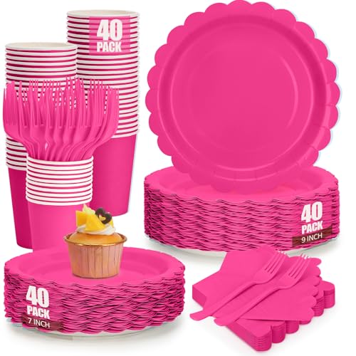 200Pcs Hot Pink Party Plates and Napkins 9 Disposable Scalloped Hot Pink Paper Plates and 7 Hot Pink Dessert Plates Cups Napkins Forks Party Supplies for Birthday Party Decorations Serves 40