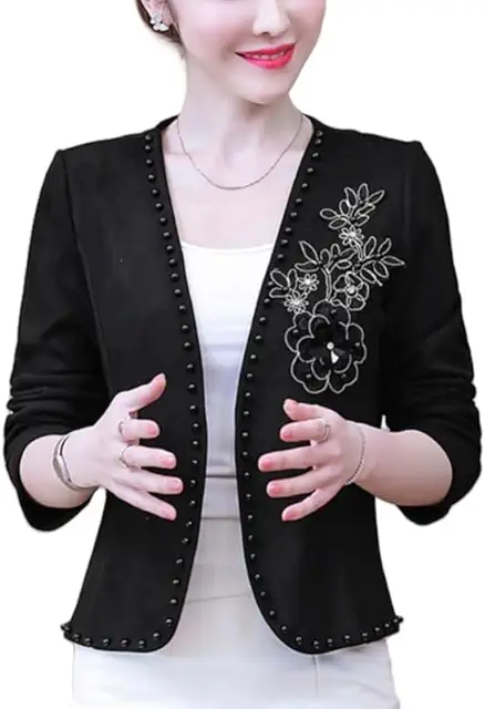 Women's Pink Linen Blazer with Pearl Trim and 3D Flowers - Short Collar Jacket