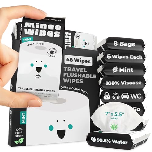 Image of Impossibly Compact Travel Flushable Wipes - 99.5% Water and Aloe - Safe for Sensitive Skin - Travel Essentials for Adults & Kids, Mint, 8 Pack 48 Wipes