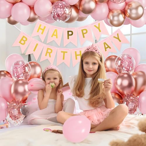 Image of Rose Gold Birthday Balloon Arch Garland Kit, 100Pcs Rose Gold Confetti Balloons, Pre-Strung Happy Birthday Banner, Elegant Party Decor for Women, Girls, Baby, Kids, Adults