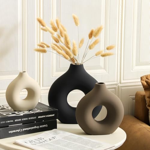 Ceramic Vase Home Table Decor - Flower Vases Set of 3 Small Living Room Centerpiece Decorations for Shelf Bedroom Office Kitchen Dining Desk Modern Aesthetic Farmhouse Decorative (Classic) - Image 4
