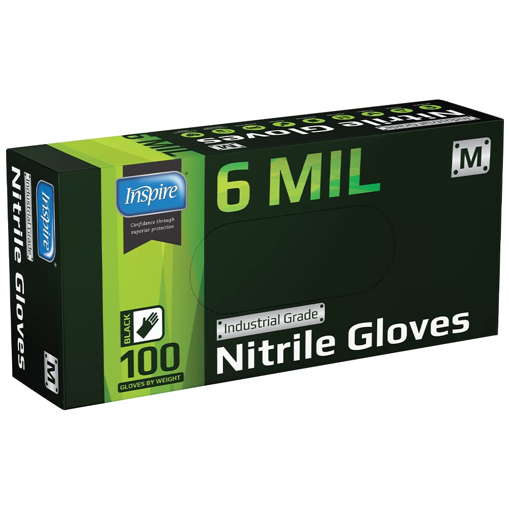 Inspire HEAVY DUTY 6Mil ORIGINAL Quality Stretch Nitrile Gloves Black Disposable Latex Free | Medical, Exam, Food, Industrial, Mechanic Tattoo (6Mil Black, Medium)