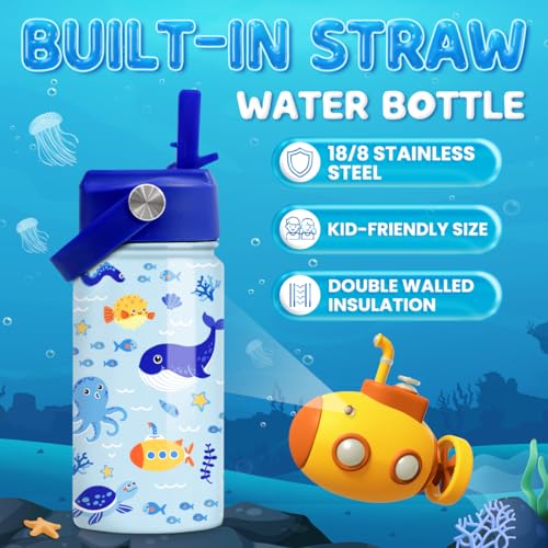 Image of SANDJEST Kids Water Bottle with Straw Lid - 12 Oz Insulated Stainless Steel Ocean Water Bottles for Kid Boys - Travel Cup for School Sports