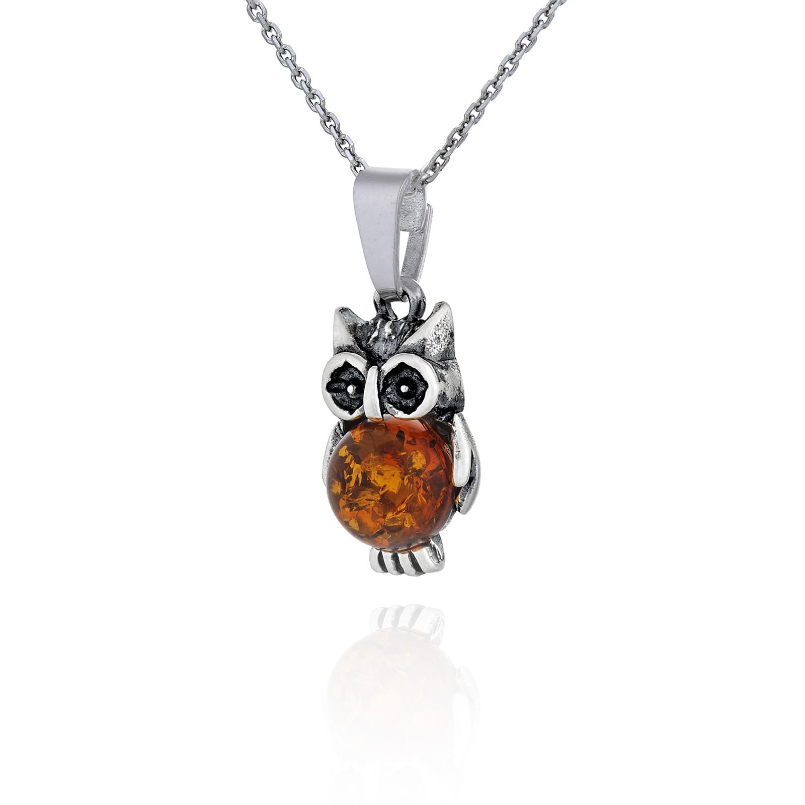 Collana da donna con ambra baltica color cognac, argento 925 ossidato, ciondolo XVI Gufo piccolo con catena, Set regalo