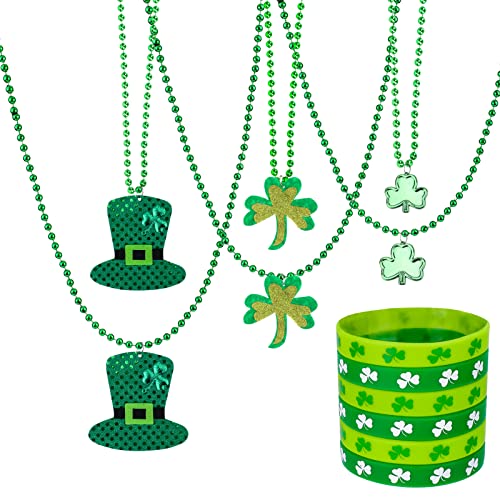 Qpout 12 Piezas Accesorios para disfraces del día de San Patricio Collar y pulsera de trébol, 6 piezas Pulsera de goma de trébol verde 6 piezas Collar de trébol para niños, mujeres y hombres